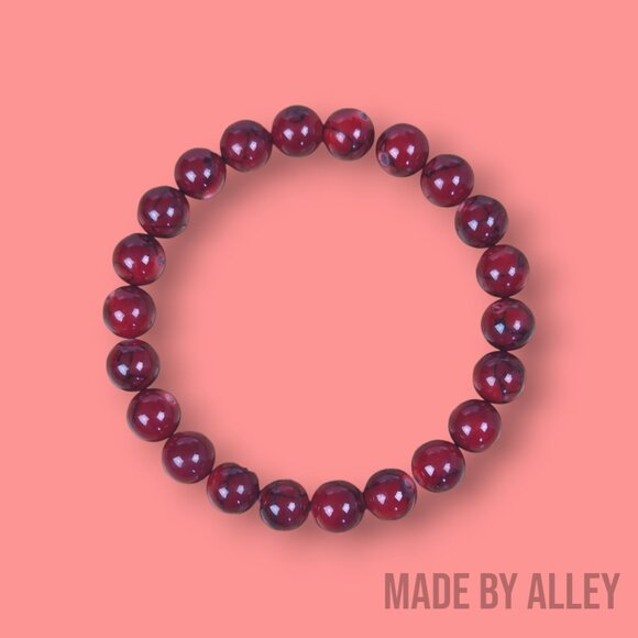 Handmade Dark Red Quartz & Black Lava Rock Set of Three Round Beaded Bracelets - Picture 2 of 7
